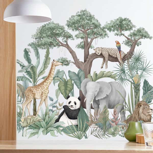 Elefant Giraff Panda Leopard Grön Växt Djur Barn Tapet Dekal, Avtagbar Diy Zoo Konst Väggdekoration