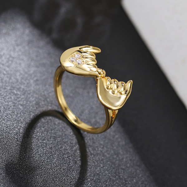 Kærlighed Hånd Tegn Ringe til Kvinder - Nyhed Hjerte Form Retro Legering Ringe Smykker Tilbehør Gaver Guld, Størrelse:9