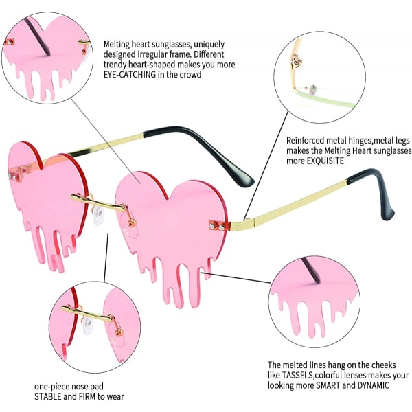 Dripping Heart Solglasögon för kvinnor Båglöst smältande hjärtformade solglasögon Lins Trendiga festglasögon