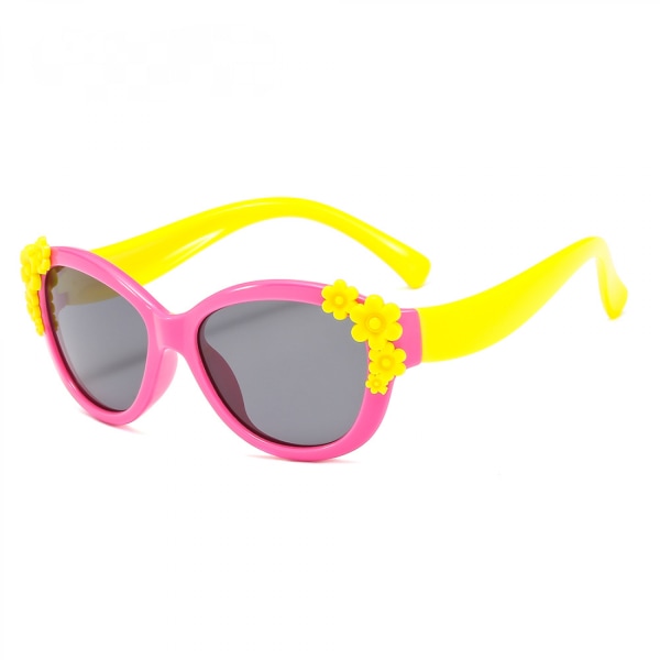 Silikon Söta barnsolglasögon Polariserade solglasögon Färgglada blomglasögon----Roseröd båge gul grå film