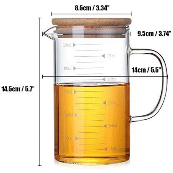 Glasbæger med håndtag og låg, glasmålebæger med håndgreb, glasmålebæger til nem synlighed, bagning, madlavning, hældning af væske (500 ml)