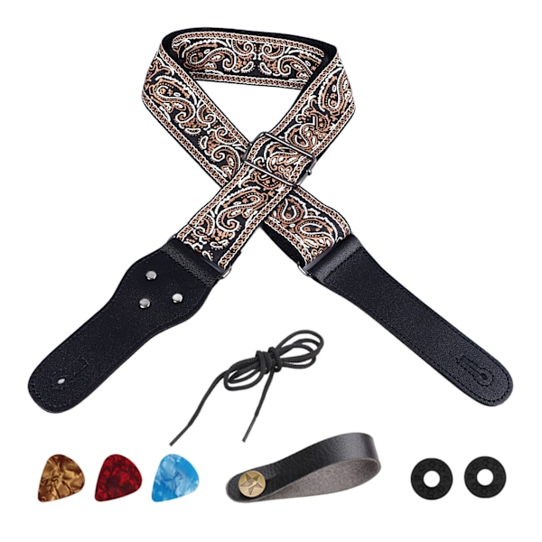 Guitar Strap Embroidery Widened Adjustable Shoulder Strap with Picks for Acoustic Electric Guitar Bass Brown