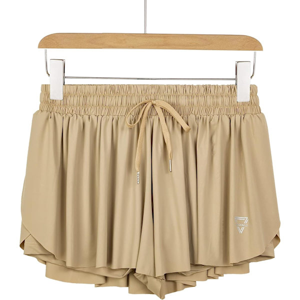 2 i 1 Flowy löparshorts för kvinnor Gym Yoga Athletic Womens Workout Biker Spandex Lounge Sweat Skirt Sommar (Khaki)