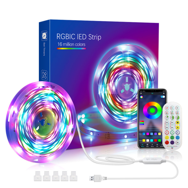 16,4 fot/5 meter Led Strip-ljus, Musiksynkronisering Färgskiftande RGBIC LED Strip-ljus Inbyggd mikrofon, Bluetooth -app Styrda LED-ljus Repljus