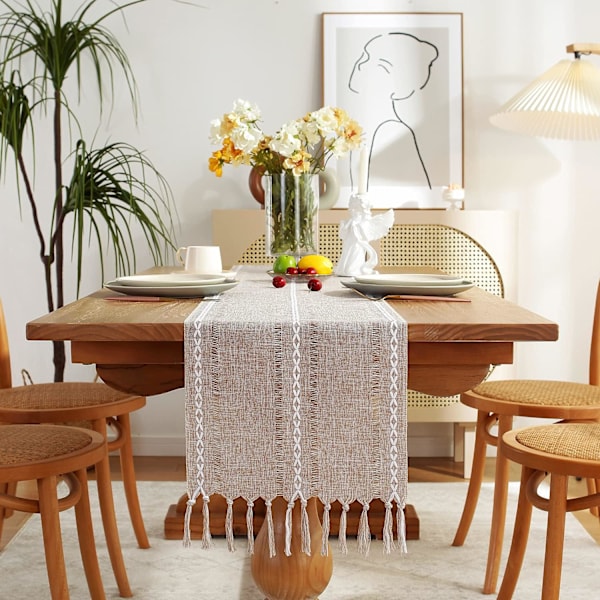 Höst Rustik Farmhouse Stil Linne Bordlöpare, Boho Handgjorda Fransar Bordlöpare 60 Tum Lång för Semesterfest, Thanksgiving Hemstitched Light Coffee 13"W X 60"L