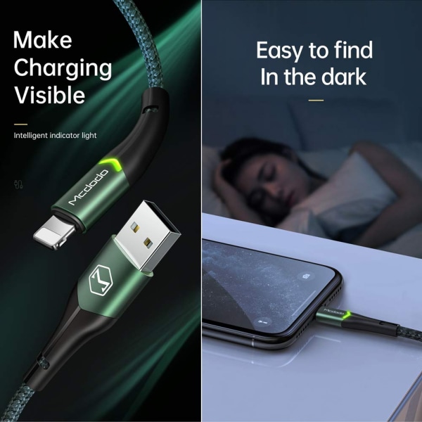 USB till Lightning iPhone-datakabel och laddningskabel, stödjer snabbladdning och datasynkronisering (grön, 1,2 m), nylonflätad, USB-A, kompatibel med iPhone 13/13