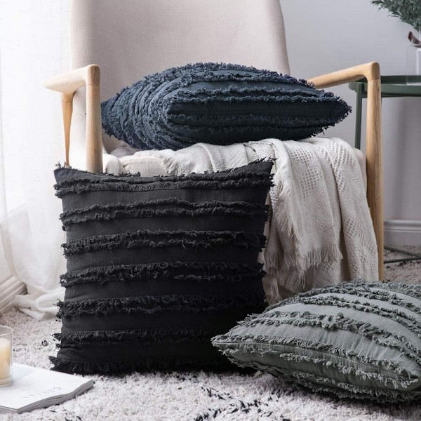 Set med 2 dekorativa Boho kuddfodral linne randigt jacquardmönster kuddfodral för soffa Soffa Vardagsrum Sovrum 18x18 tum Marinblå