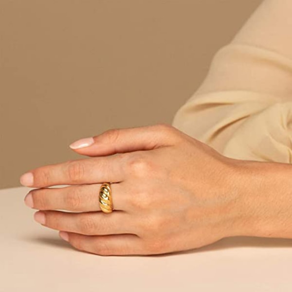 14K guldpläterad Croissant Dome Ring Twisted Braided Gold Plated Ring | Chunky Signet Ring, Gul - Croissant-1, Storlek: 9