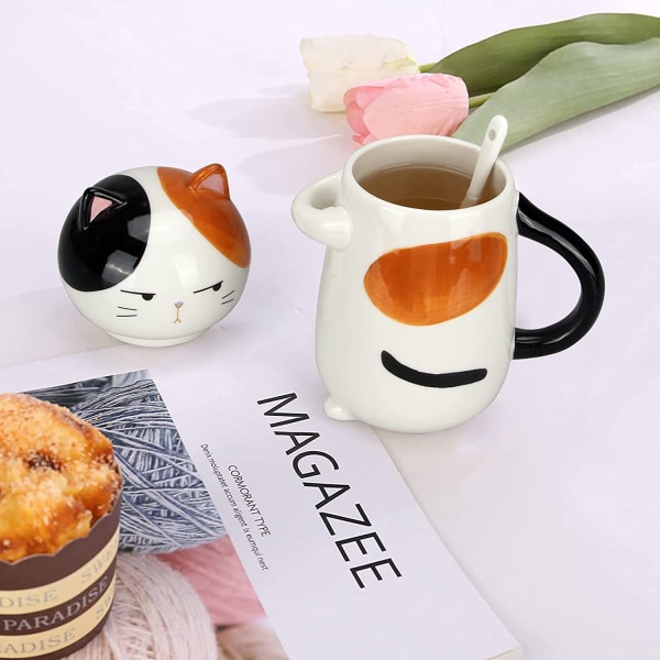 15 oz söt keramisk kaffemugg med lock och sked Bedårande katttekopp för kvinnor, damer 3D Kawaii kattkaffe