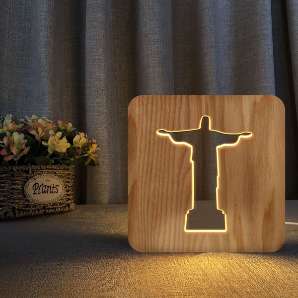 Jesus Pastor Bordslampa Usb Massivt Trä Ihålig Nattlampa