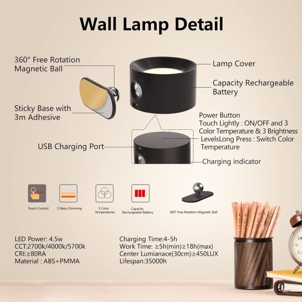 Sladdlös vägglampa, väggmonterad LED-lampa med laddningsbart batteridriven pekkontroll 3 färgtemperaturer och 3 ljusstyrkanivåer 360° rotera black