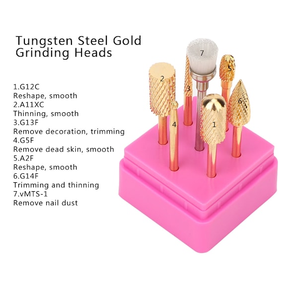 7 stk. Professionelle Negleboremaskiner til Slibning af Døde Hudceller - Negleslibning og Polering - Tungsten Stål Guld Slibning Hoveder Sæt