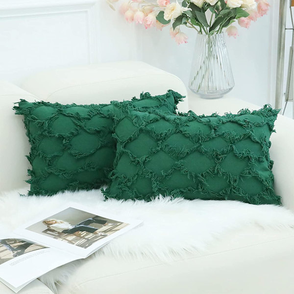 Forest Green Dekorativa Kuddfodral 12 x 20 Tum Pack med 2 Boho Dekorationskuddfodral för Soffa och Säng, 100 % Bomull