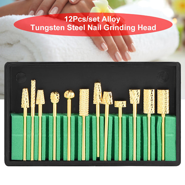 12 st/set Legering Volfram Stål Guld Nagelborr Bits Fil Slipning Huvud Manikyr Vård Verktygssats