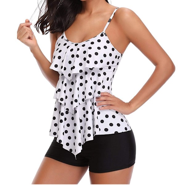 Tankini badedragt til kvinder, todelt badedragt med mavekontrol, flæsebadedragt med shorts til drenge (sorte prikker på hvid) S