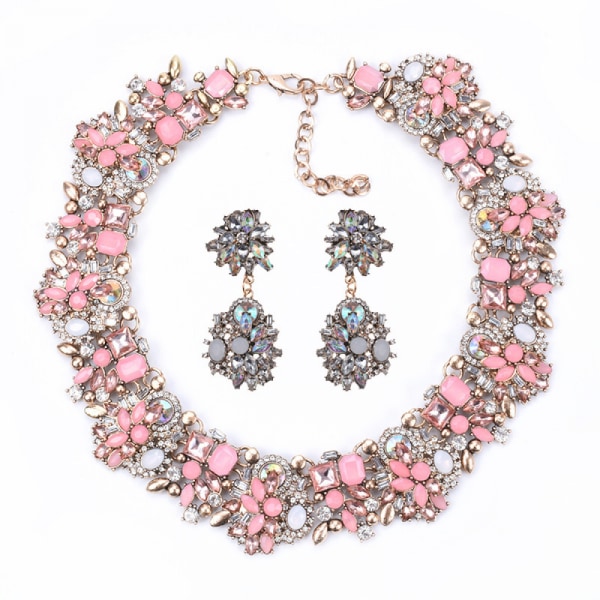 Halsband och örhängen Set, Kvinnors Chunky Halsband Strass Vintage Fashion Halsband Kostym Smycken Set(rosa)