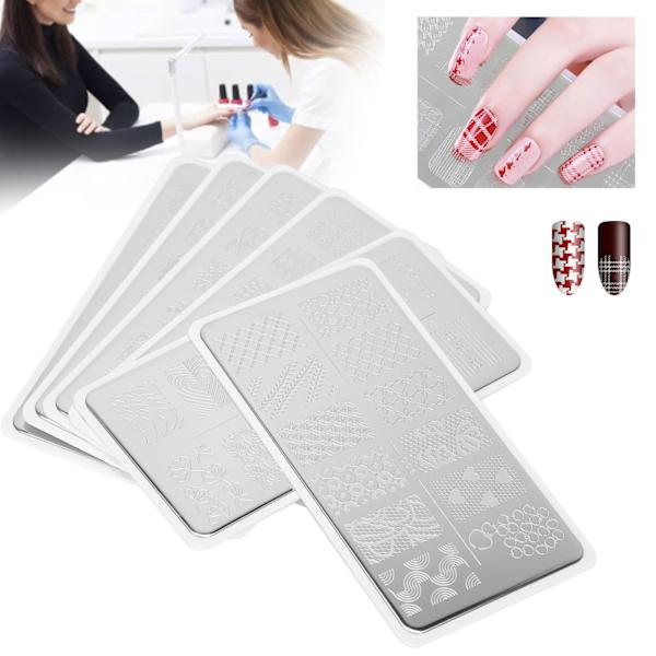 6 stk. neglekunst stemplingsplader i rustfrit stål manicure billede skabelon DIY negle stencil værktøj