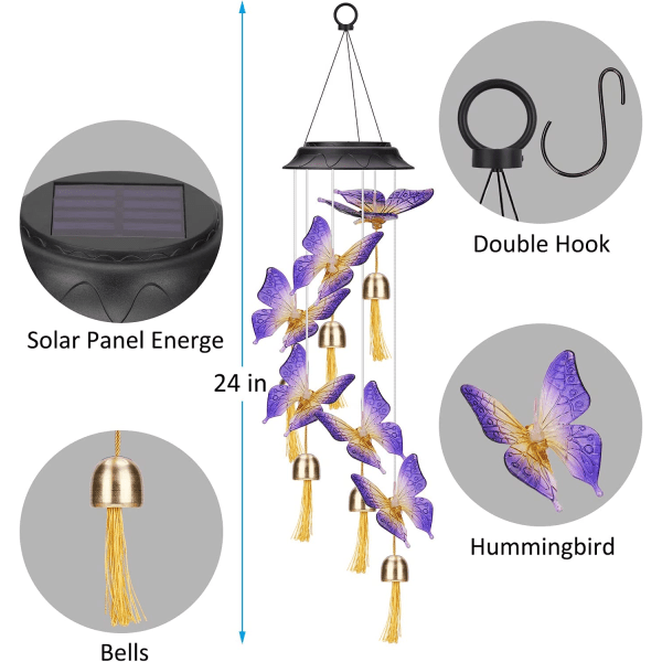 Solcells vindspel fjäril, hängande klockor utomhus dekor hemgåva-gåvor till mamma mormor (lila)