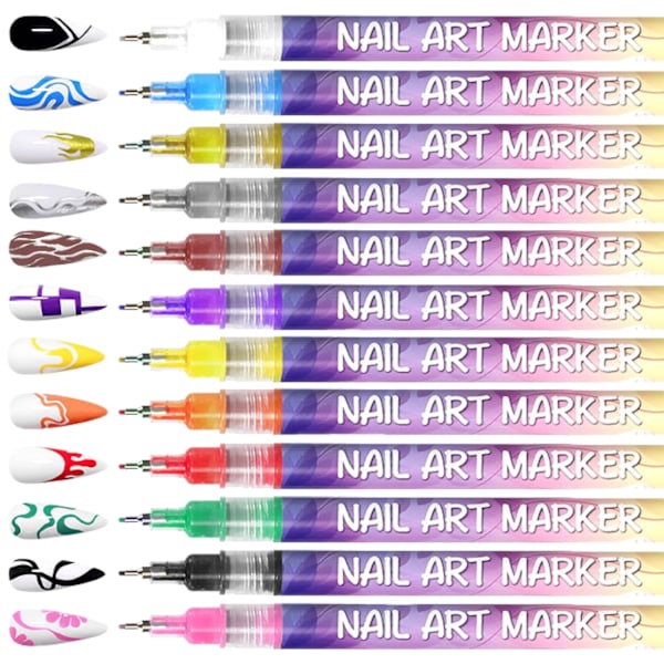 12 Färger Nagelkonst Pennor Set 3D Nagellack Pennor Graffiti Prick Pennor Akrylfärg Pennor Punkt Liner Penna Manikyr Nagel DIY Dekoration