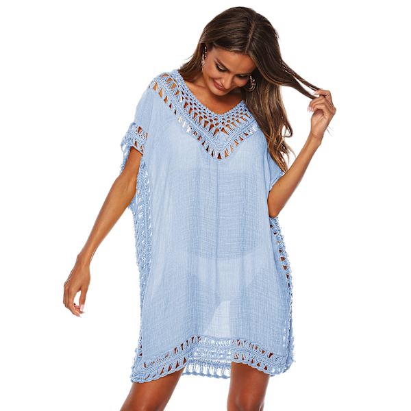 Kvindernes hæklede ærmeløse V-hals bluse, perfekt til rejser eller strandbadning (himmelblå, one size fits all)
