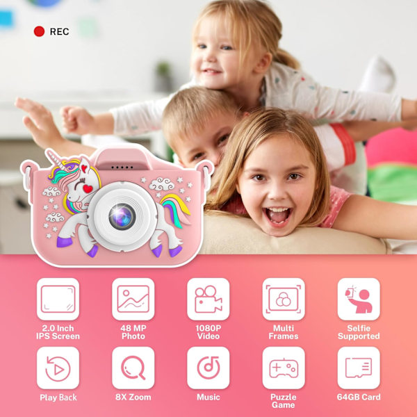 Digitalkamera för barn, med 2,4 tum IPS LCD-skärm, 180° vändbar lins för selfiekamera för barn 3-10 år, julklapp/födelsedagspresent för pojkar och flickor