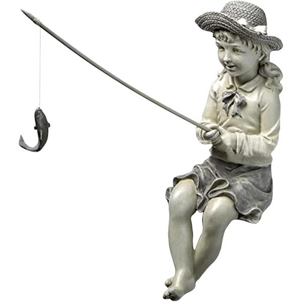 3D Pojke Flicka Fiske Trädgårdsstaty Skulptur Figur Landskap Hem Utomhus Gräsmatta Gård Harts Prydnader Dekoration för Uteplats,Balkong,Flicka