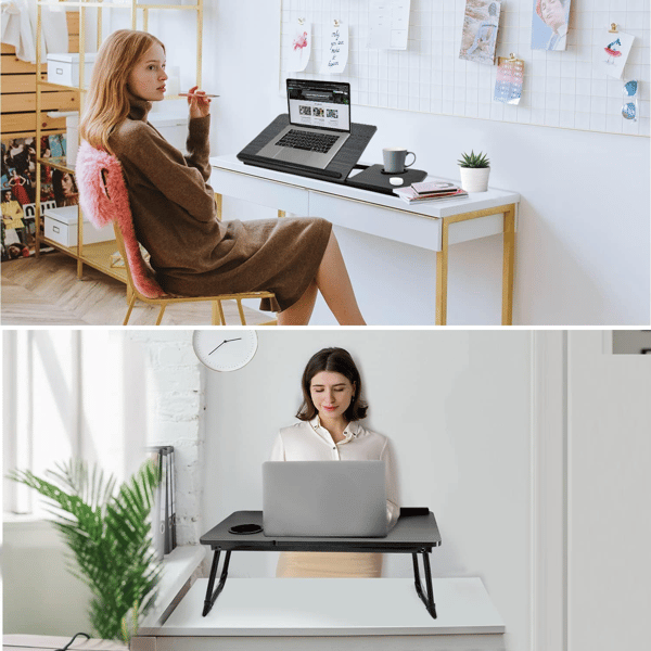 Sammenfoldeligt laptop-sengebord - Justerbart bærbart skrivebord til sofa og seng, multifunktionelt notebook-stativ med kopholder, lille skrivebord