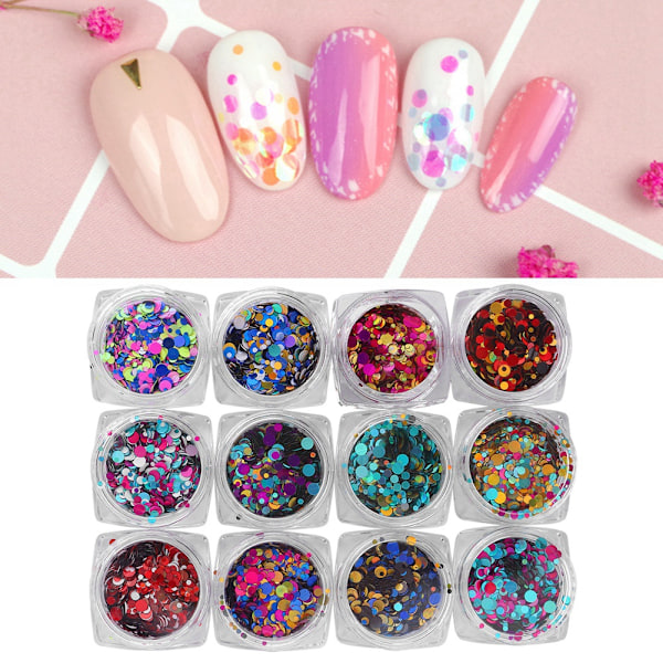 12 flaskor nagelkonst runda paljetter glitter glanspulver manikyr dekoration