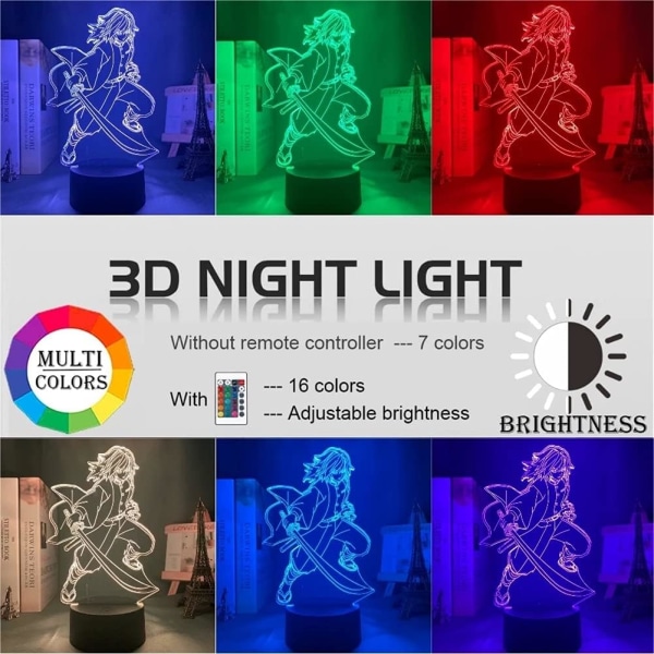 WJ Anime Nattljus 3D Kimetsu No Yaiba Tomioka Giyuu Figur Akryl Led Nattljus för barn Barn Sovrum Dekor 16 färgkonvertering Lampa
