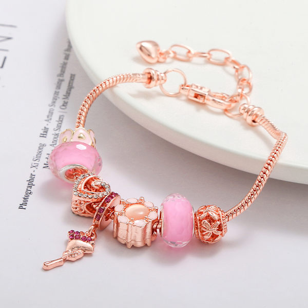 Rosa kärleksblomma hänge armband med kristallpärlor, roséguld DIY armband dam, 19cm+4cm, present till familj eller vänner