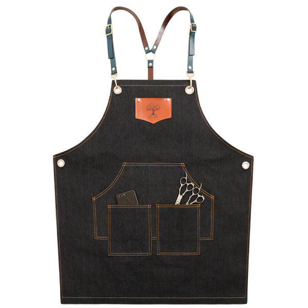 Denim Apron Fashion Kitchen Barber Hot Pot Milk Tea Cake Shop Restaurant Workwear(black)