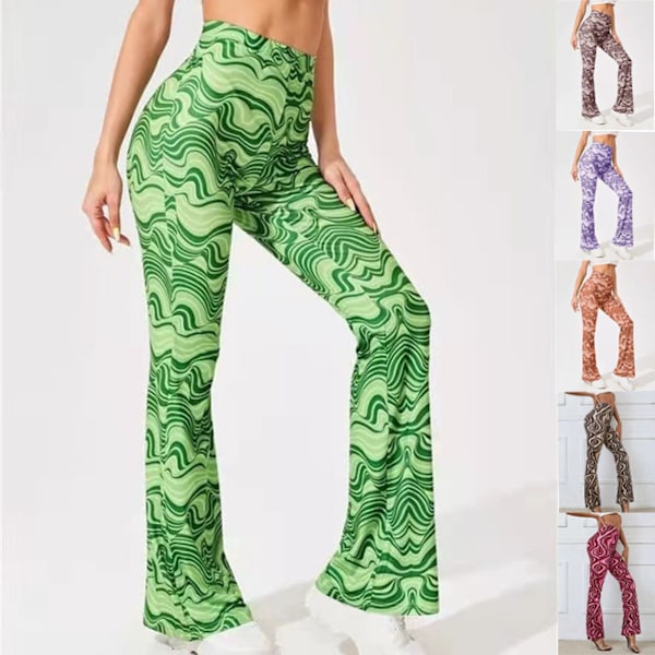 AVEKI Dame Print Elastiske Højtaljede Flare Leg Bell Bottom Bukser, Blå, XL