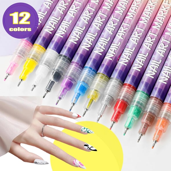 12 Färger Nagelkonst Pennor Set 3D Nagellack Pennor Graffiti Prick Pennor Akrylfärg Pennor Punkt Liner Penna Manikyr Nagel DIY Dekoration
