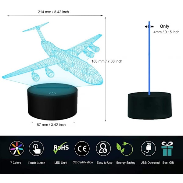 Flygplan Nattlampa 3D Flygplan Illusion Lampa 7 Färgförändrande Touch Control med USB-kabel LED Fighter Leksak Bordslampa Dekorationslampor för Män Pojkar Barn