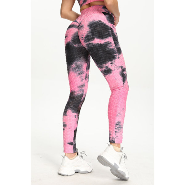 Leggings til kvinder, der løfter numsen, høje talje, mavekontrol, træningsyoga-bukser, ferskenfarvede sportsleggings til piger M (sort pulverfarvet tie dye)