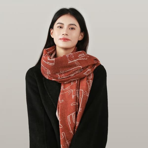 Moderne dame polyester halstørklæder efterår vinter kreativ kat mønster varm sjal wraps med kvaster（rød）