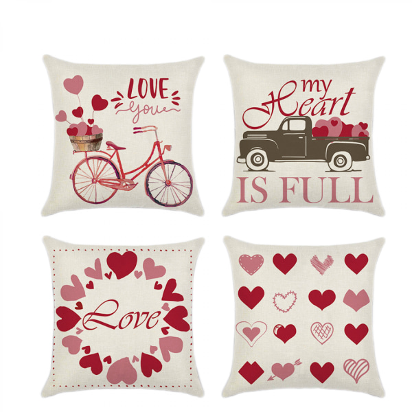 Alla hjärtans dag kuddfodral 4 st Romantic Love Heart Truck Bomull Linne Kuddfodral för soffa inomhus heminredning 18x18 tum（LOVE E）