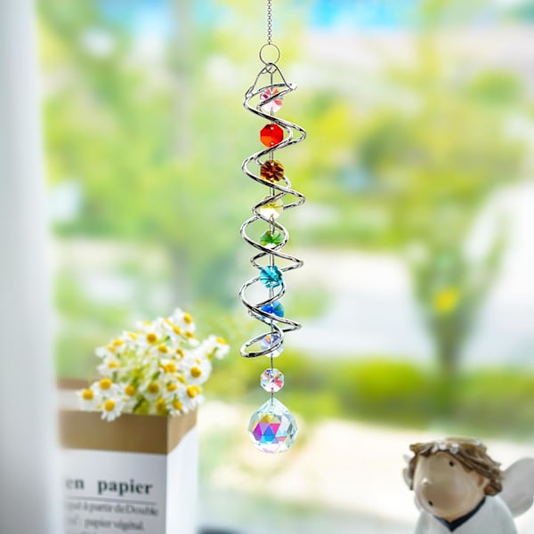 WJ123 Solfangervindmølle med Kugle og Spiralhale, Krystal Dekorativ Vindmølle, 17,7 tommer Vindfangervindmølle med Syv Chakraer 2 Colorful Beads