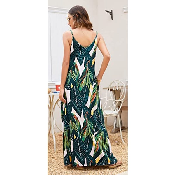 Kvinders Sommer Casual Blomstermønstret Bohemian Spaghetti Stropper Blomster Lang Maxi Kjole Med Lommer -----Grønt Blad   （Størrelse XL）