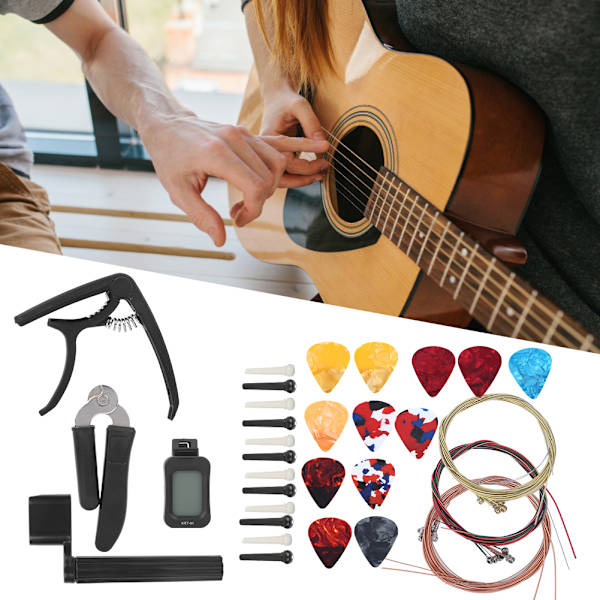 Gitarrtillbehör Kit Stämmare Strängar Byte Cutter Winder Capo Pins Picks Combo Verktyg