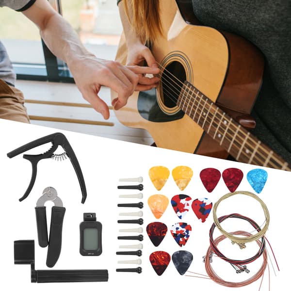 Gitartilbehørsett Tuner Strenger Skiftende Kutter Winder Capo Pins Picks Combo Verktøy