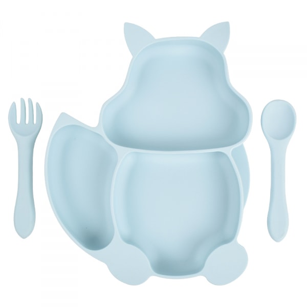 Baby Plate Bowl, Baby Cutlery Set Mini Silicone Dinner Tableware (Dinner Plate + Plastic Spoon) Light Blue