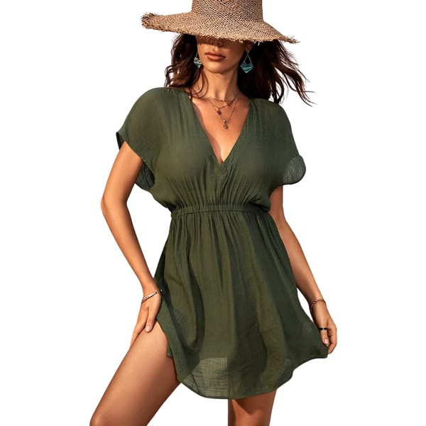 Dam V-ringad skuggrandig elastisk midja klänning kortärmad strand minikjol, M-design (färg, armygrön)