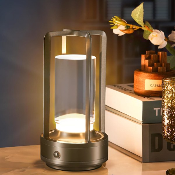 Portabel Metallbordslampa för Inomhus/Utomhusbruk, Uppladdningsbar Sladdlös LED-lampa, 3-Färgs Steglös Dimning Batteridriven Liten Skrivbordslampa silver