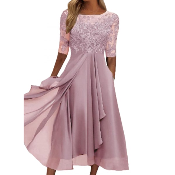 Women's Dress Chiffon Elegant Lace Patchwork Dress Cut-out Long Dress Bridesmaid Evening Dress(Pink S)