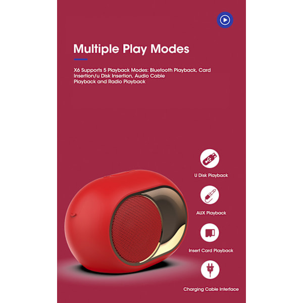 X6 Bluetooth 5.0 -kaiutin TWS Kannettava Langaton Kaiutin Puhelimelle Tietokoneelle Vedenkestävä Ulkoilma Stereo Musiikki Tukee TF AUX USB FM (punainen)