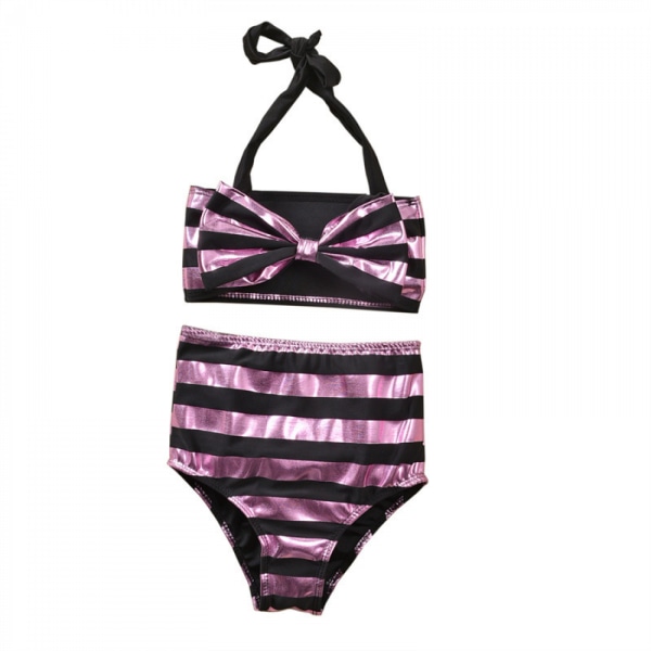 AVEKI Baby Girl Bikiniset Shiny Stripes Set Barn Halter Toppar Shorts med hög midja Baddräkt Strandkläder, 6-12 månader, Rosa