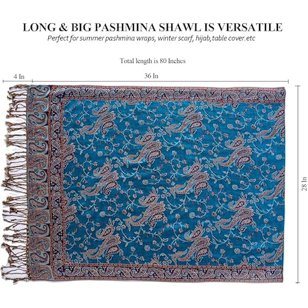 Pashmina-tyylinen huivi naisille, pehmeä ja silkkinen, kääntyvä, teal