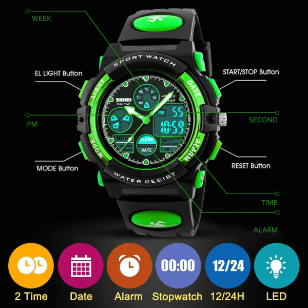 Digital watch för barn, vattentät watch för pojkar och flickor, elektronisk analog watch med larmstoppur (grön)