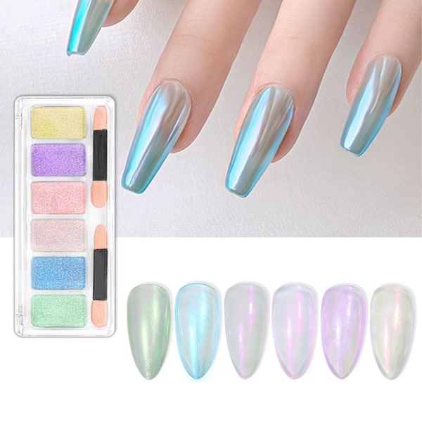 Spegeleffekt Nagelpulver Hemmasalong DIY Delikat 6 Färger Metallisk Nagelkonstpulver med Applikator